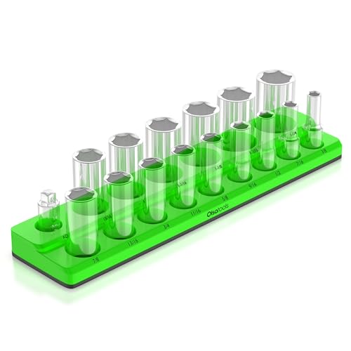 Olsa Tools Magnetic Socket Organizer - 1/2-Inch Drive SAE Socket Holder with Strong Magnets - Professional Tool Holder and Tool Organizer - Stores up to 16 Sockets - Green - Part: 1117 - color: Green, Sae, size: 1/2-Inch Drive, SAE