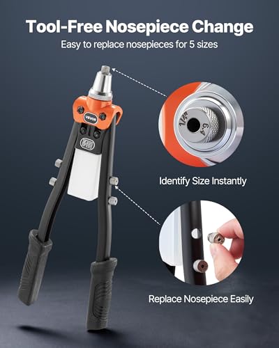 VEVOR Pop Rivet Gun Kit, with 230 Blind Rivets, Two-Handed Riveter with 5 Interchangeable Nosepieces, 5 Drill Bits, and a Carrying Case, Manual Riveting Tool for Metal, Automotive, Home, and DIY - size: 16", style: RIVET GUN