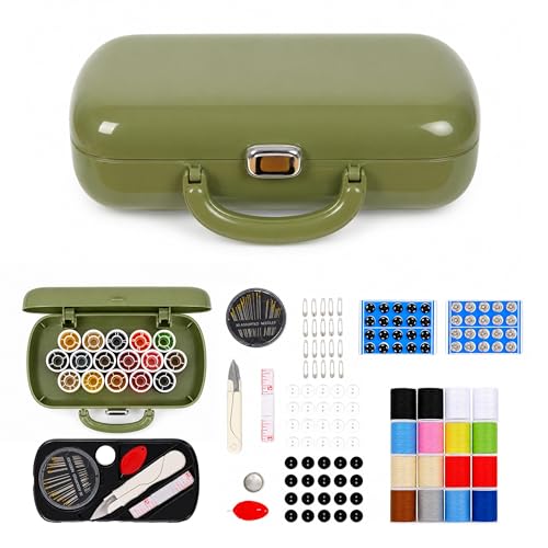 FKOG Retro Green Sewing Project Kit, 151 Pcs Sewing Kit with Portable Retro Hard-Shell Case, 18 Multicolor Thread Spools, Needles, Buttons, and Accessories (Used Green) - style: Used Green