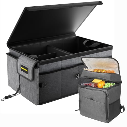 MIKKUPPA Car Trunk Organizer with Cooler - 65L Collapsible Trunk Organizer with Lid, Sturdy Car Storage for SUV Auto Truck Van with Adjustable Straps and Non Slip Bottom (Gray) - color: Gray, size: Large - With Lid/Cooler