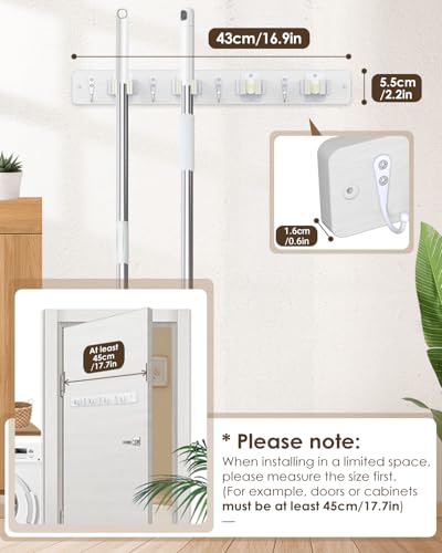 Broom Holder Wall Mounted, 2 Pack White 4 Holders and 4 Hooks Mop Holder, Wooden Mop and Broom Holder with Anti slip rubber, Natural pine wood Brush Holder, Mop Wall Holder with Nail installation | Mop Holder Wall Mount and Broom Hanger for Garage, Laundr