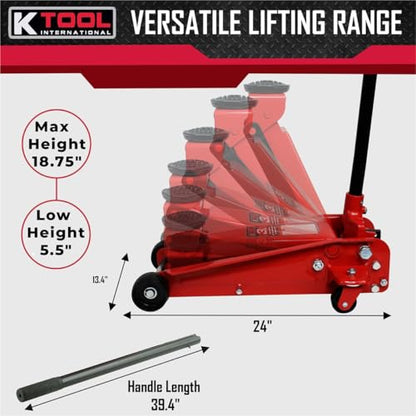 K Tool International 63131B 3 Ton Automotive Service Floor Jack for Garages, Repair Shops, and DIY, Portable, Compact, 6,000 lbs. Capacity, Hydraulic Lifting Range 5.5" - 8.75", Heavy Duty Steel, Red