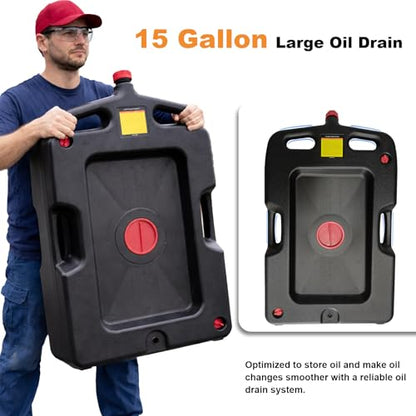 PONO 15 Gallon Low Profile Oil Drain Pan, 58‑Quart Automotive Drain Container with Seal Cap & Carry Handles Heavy Duty Oil Change Pan Fit for Cars, SUVs, Trucks, Motorcycles, ATVs