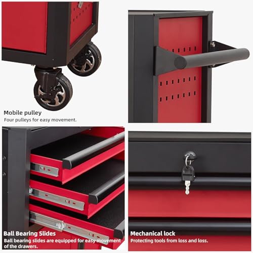 Rolling Tool Chest with Locking Wheels - Tool Box with 3 Drawers & 1 Big Tool Cabinet with 2 Door, 18.5" D x 28" W x 40" H Mobile Tool Storage Cabinet, Heavy-Duty Garage Organizer w/Ergonomic Handle - color: Red and Black