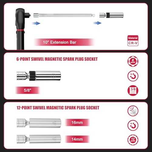 Spark Plug Socket Set with Torque Wrench 3/8 Drive, 5-45 ft.lb | 6.8-61 Nm, 14mm 16mm 5/8" Magnetic Swivel Spark Plug Sockets & 10" Extension Bar, Perfect for Car & Motorcycle Spark Plug - size: 5PCS