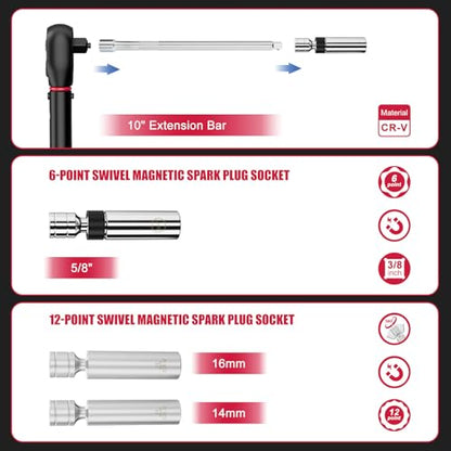 Spark Plug Socket Set with Torque Wrench 3/8 Drive, 5-45 ft.lb | 6.8-61 Nm, 14mm 16mm 5/8" Magnetic Swivel Spark Plug Sockets & 10" Extension Bar, Perfect for Car & Motorcycle Spark Plug - size: 5PCS