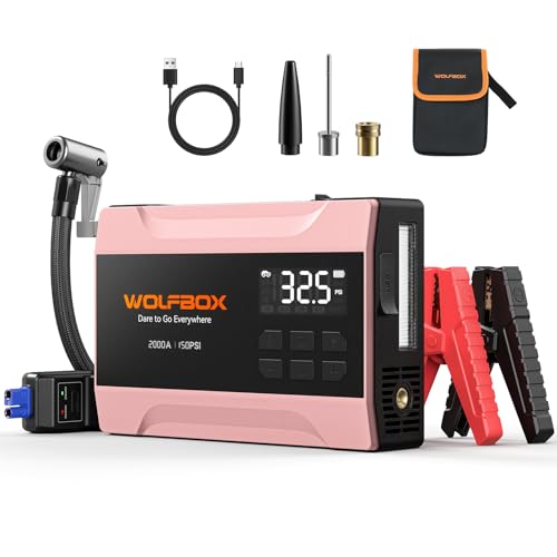 WOLFBOX 2000A Jump Starter with Air Compressor, 37Wh Car Battery Booster Jumper Starter Portable(up to 5L Gas Engine), 12V Jump Box Pack with 150PSI Tire Inflator, Jumper Cables, LED Light — Rose Gold - color: Rose Gold