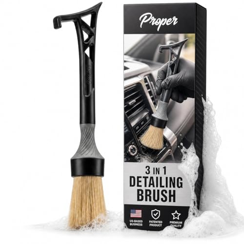 Boars Hair Detailing Brush, 3 in 1 Patent Pending in House Design from Proper. Detail Automotive Interior or Exterior, get Professional Results with Proper Detail Brushes Car Detailing - color: Black - Boars Hair
