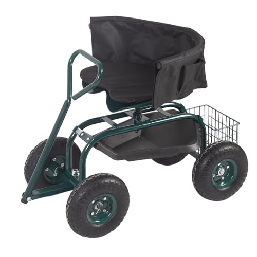 Kinfant Garden Seat with Ergonomic Backrest – Rolling Garden Stool with Height Adjustable & 360° Swivel Seat with Wheels, Gardening Cart Bench, Tool Storage, for Yard, Patio Green - color: With Backrest-green