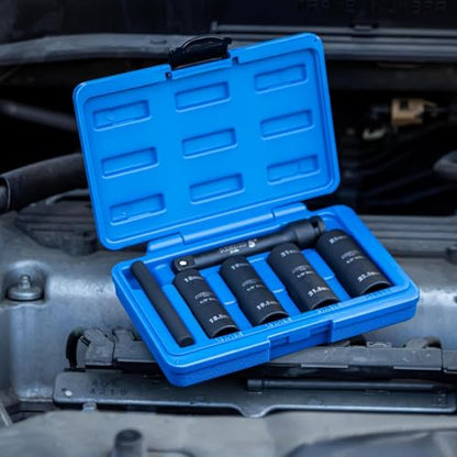 NEIKO 02290B Lug Nut Socket Set, 1/2” Impact Thin Wall Flip Socket Set, Half Size Wheel Socket Set, Metric 6 Point, 5" Extension Bar & Knockout Bar, 18.5mm, 19.5mm, 21.5mm, and 22.5mm - size: 6 Piece, Half Size Set, style: Flip Socket