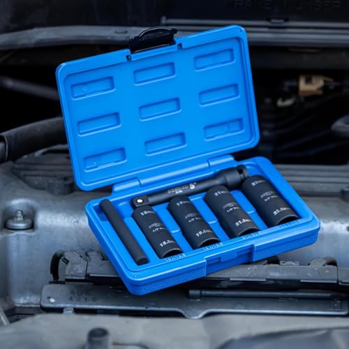NEIKO 02290B Lug Nut Socket Set, 1/2” Impact Thin Wall Flip Socket Set, Half Size Wheel Socket Set, Metric 6 Point, 5" Extension Bar & Knockout Bar, 18.5mm, 19.5mm, 21.5mm, and 22.5mm - size: 6 Piece, Half Size Set, style: Flip Socket