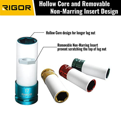 RIGOR 11516 Non-Marring Lug Nut Socket Set | Wheel Protector Impact Socket Set | 1/2" Drive, 6 Point, CR-MO | Metric 17mm, 19mm, 21mm, 22mm - size: 17mm, 19mm, 21mm, 22mm