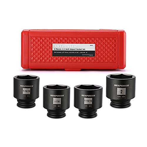 MIXPOWER 1/2-Inch Drive Impact Socket Set, Inch, Cr-Mo, 6 Point, 1-13/16",1-7/8", 1-15/16", 2", 4-Piece 1/2" Dr. Spindle Axle Nut Impact Socket Set, Impact Grade - size: Shallow