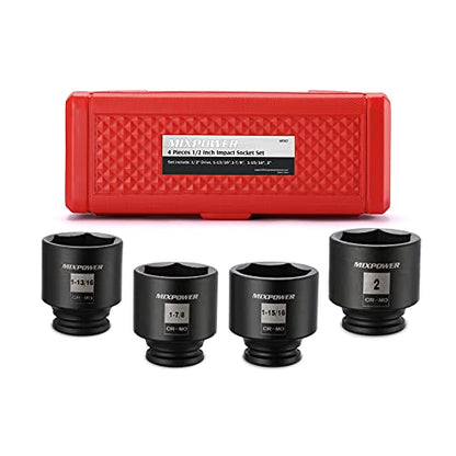 MIXPOWER 1/2-Inch Drive Impact Socket Set, Inch, Cr-Mo, 6 Point, 1-13/16",1-7/8", 1-15/16", 2", 4-Piece 1/2" Dr. Spindle Axle Nut Impact Socket Set, Impact Grade - size: Shallow