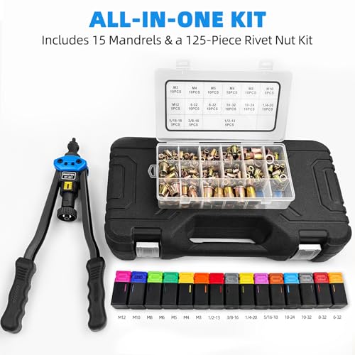 AKKTOL Rivet Nut Tool kit, 16" Rivnut Tool Kit with 15 Metric and SAE Mandrels, 125-PCS Rivet Nut Assortment Kit, Rugged Carrying Case, Ideal for Sheet Metal & Automotive Work
