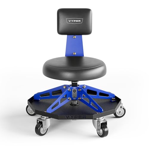 Vyper Robust Steel Sport Shop Chair for Mechanics, Automotive, DIY - 300 lb Capacity Garage Stool with Backrest & Large Wheels (Black Seat, Blue Frame) - color: Black Seat, Blue Frame