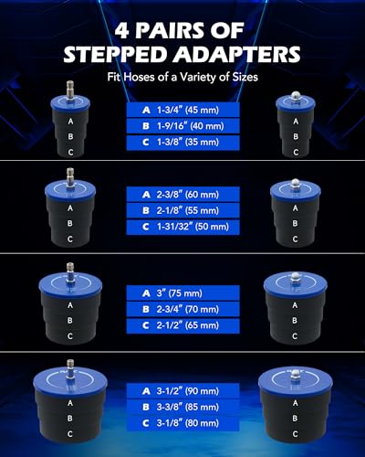 Orion Motor Tech Turbo System Leakage Tester Kit, 10pc Turbo Boost Leak Tester Set with 4 Pairs of Stepped Adapters 1-3/8" to 3-1/2", Turbo Pressure Leakage Tester for Cooling Emissions Exhaust Pipes - color: blue