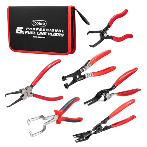 Toolwiz 6 pcs Fuel Line Pliers Set, for Automotive Repair with Storage Bag | Hose Clamp Plier, Panel Removal Tool, Hose Removal Plier, 30 Degree Push Pin Pliers, 2 pc 9" Electrical Disconnect Tool - style: 6 Pack