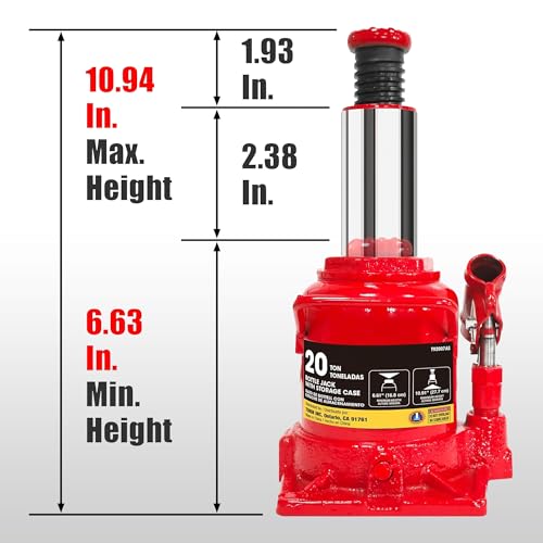 Big Red 20 Ton (40,000 lb) Low Profile Hydraulic Bottle Jack with Carrying Case，Red