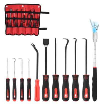 11Pcs Hook and Pick, Straight Head Magnetic Pickup Tool Large Small Hook Short Pry Bar Gasket Scraper for Remove Hoses Gaskets Car Panel Fastener, Red - color: Red