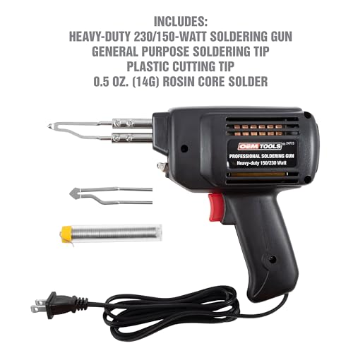 OEMTOOLS 24773 Professional Soldering Gun Kit with Case, Includes 2 Soldering Gun Tips and Rosin Core Solder, Automotive and Electronic Soldering Kit - style: 230/150 Watt Soldering Gun
