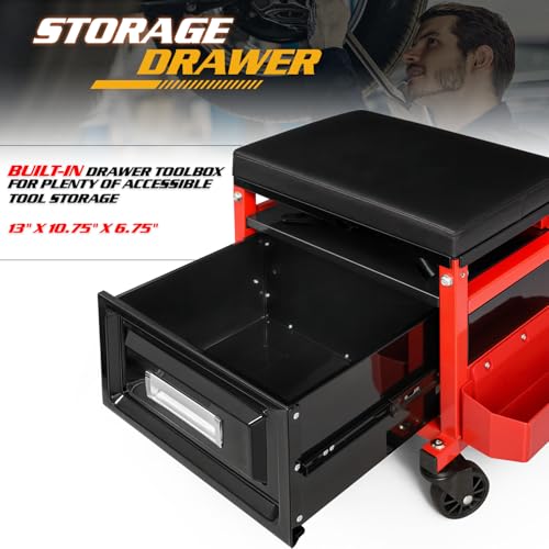 Magshion Rolling Garage Stool with Built-in Toolbox & Holder – 350 Lbs Capacity Padded Mechanic Seat with Wheels for Workshop, Auto Repair & Shop Use (Red)