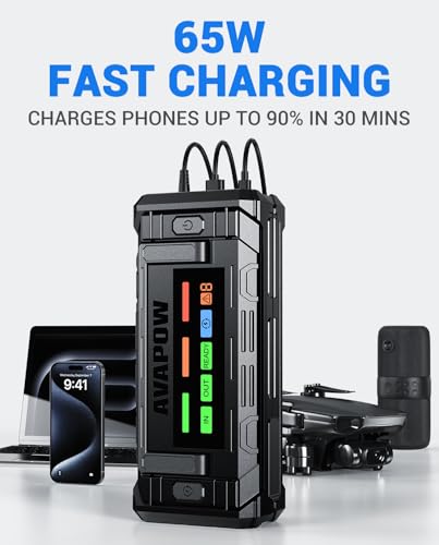 AVAPOW TJ68 10000A Battery Jump Starter Portable with 4" HD Display PD 65W Dual-Way Fast Charging,12V Jump Box, Car Battery Jump Starter for All Gas & Up to All Diesel Engines - size: 10000A