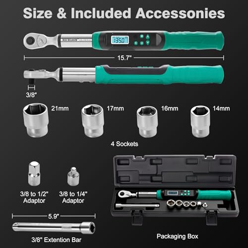Digital Torque Wrench 3/8 Drive, 5–99.6 Ft-lbs / 6.8–135 N·m, ±2% Accuracy, Dual-Direction Ratchet, Electric Torque Wrench with Buzzer & LED Indicator for Bike, Motorcycle, Auto Repair