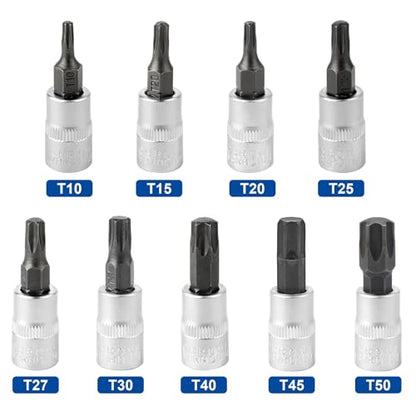 DAKCOS Torx Bit Socket Set, 1/4" Drive, 9 Pieces Star Bit Socket Set, T10 - T50, S2 Alloy Steel Bit and CR-V Drive Socket - style: 9PC 1/4"T10-50