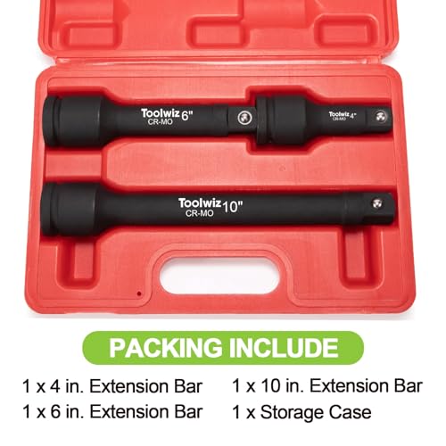 Toolwiz 3/4" Drive Impact Extension Bar 4", 6", 10" (3 Piece) Cr-Mo Steel | Expand Range of Impact Drivers, 3/4 inch Ratchet Wrench Extension Bar Socket Set Organized in Heavy Duty PVC Box, Black - size: 3/4" Drive (4", 6", 10")