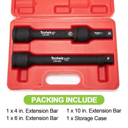 Toolwiz 3/4" Drive Impact Extension Bar 4", 6", 10" (3 Piece) Cr-Mo Steel | Expand Range of Impact Drivers, 3/4 inch Ratchet Wrench Extension Bar Socket Set Organized in Heavy Duty PVC Box, Black - size: 3/4" Drive (4", 6", 10")