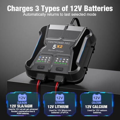 2 Bank Marine Battery Charger 5X2, 10A (5A/Bank) - 12V Waterproof Onboard Battery Charger, Battery Maintainer & Desulfator for SLA/AGM, Lithium (LiFePO4), Calcium & Deep-Cycle Battery- Charged 24/7 - size: 2 Bank(10A)