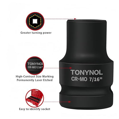 TONYNOL 1/2 Inch Shallow Drive Impact Socket Set,6-Point,SAE(3/8" to 1-1/4"),14 Pcs,Cr-Mo Steel,With a Storage Case - size: 1/2" 14PC Shallow SAE (9.5-32mm), style: 6-Points