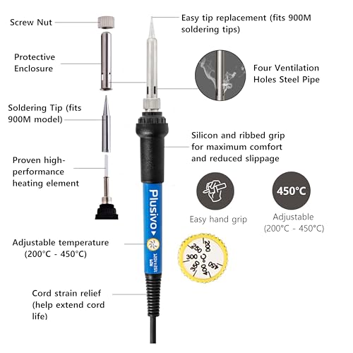 Soldering Iron Kit, 60W Adjustable Temperature 5-in-1 Solder Wire, Stand, Sponge, Rosin Paste Flux, Fast Heating Desoldering Tool for Electronics Repair Hobby DIY 120 V US Plug - color: Soldering Iron Kit 7