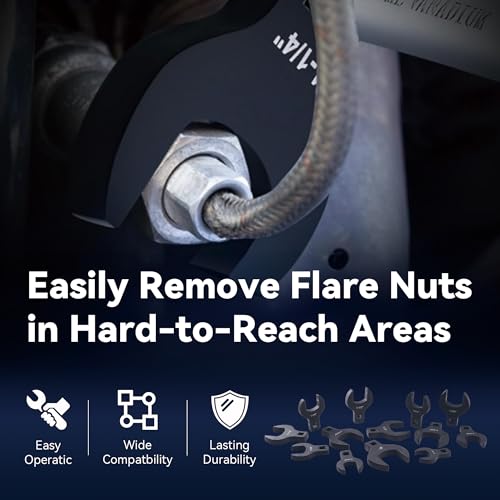 KOOPOOL 14 Piece Crows Foot Wrench Set, SAE Shockit Crows Foot for 1-1/16" to 2" Flare Nuts for 1/2" Drive Rachets & Extenders, Blackened Cr-V Steel Crowfoot Wrenches