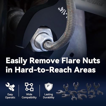 KOOPOOL 14 Piece Crows Foot Wrench Set, SAE Shockit Crows Foot for 1-1/16" to 2" Flare Nuts for 1/2" Drive Rachets & Extenders, Blackened Cr-V Steel Crowfoot Wrenches