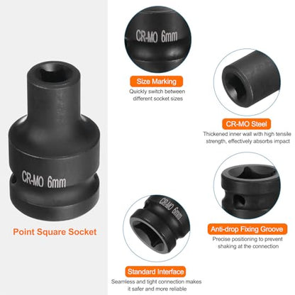 HARFINGTON 2pcs 4 Point Square Socket 1/2" Drive 6mm Metric Square Impact Socket CR-MO Blackening Standard Wheel Sockets Pneumatic Socket Tool for Auto Repair Mechanical Maintenance Home Use - size: 6mm