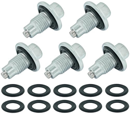 5PCS M14x1.5 Magnetic Oil Drain Plug Pilot Point With Insert Gasket fit for Ford, Chrysler, Dodge, Jeep, Ram, Jaguar, Land Rover, Chevrolet 6507741AA, F6TZ-6730-BA, 65324, 090-161, 090-938CD, 090-115