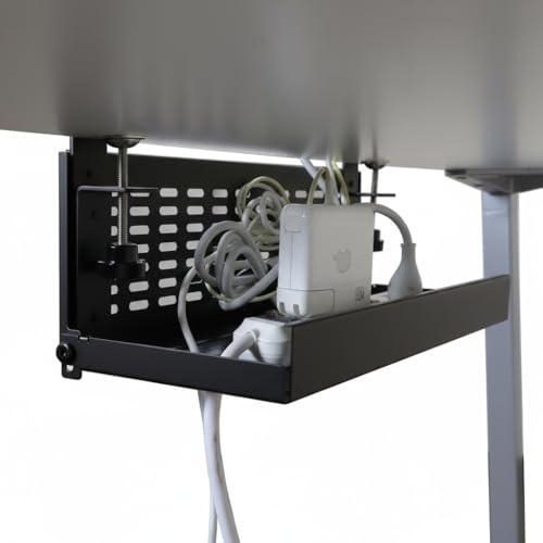 AEONS Universal Under Desk Cable Management Tray-Clamp Mount Hinged Swing Modesty Panel Organizer for Office Desks, Easy Access Flip-Down Position Power Strip Cord Storage No-Drill, 25 lb Capacity - style: 16" Swing, Black