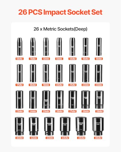 VEVOR Impact Socket Set 1/2 Inches 26 Piece Deep Sockets, 6-Point, Rugged Construction, Cr-V, 1/2 Inches Drive Socket Set Impact Metric 10mm - 36mm, with a Storage Cage - style: 1/2" 26PCS