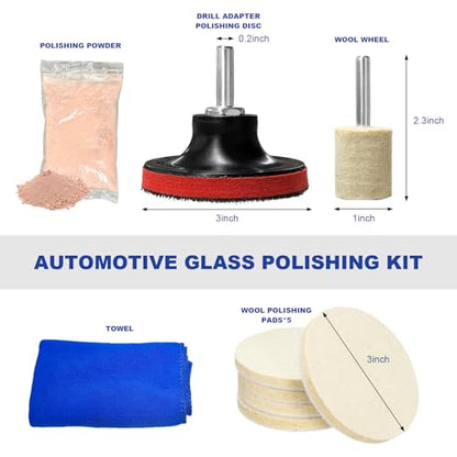 Glass Polishing Kit, Car Window Deep Scratch Removal Set with 100g Cerium Oxide Powder, Wool Polish Pads Multifunctional Buffing Pad for Auto Windscreen and Glass Repair