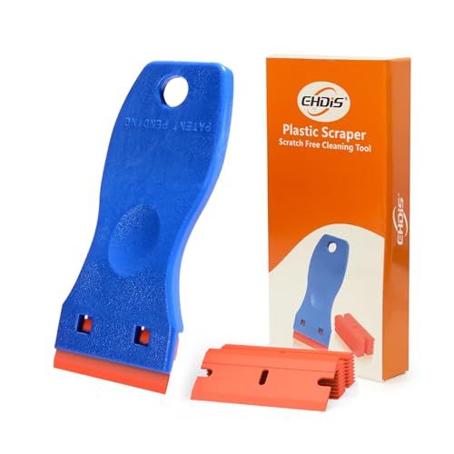 EHDIS 1.5" Plastic Razor Scraper with 10pcs Double Edged Plastic Blades for Removing Labels Stickers Decals on Glass Windows - color: Blue