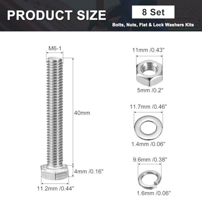 uxcell M6 x 40mm Hex Head Screws Bolts, Nuts, Flat & Lock Washers Kits, 304 Stainless Steel Fully Thread Hexagon Bolts 8 Sets - size: M6 x 40mm