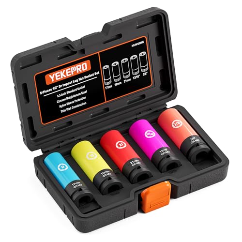 5 Pieces 1/2 inch Drive Impact Lug Nut Socket, Metric/SAE 17mm 19mm 21mm 13/16’’ 7/8’’ Thin Wall Deep Socket Set with Non-Marring Wheel Protectors - size: Metric/SAE