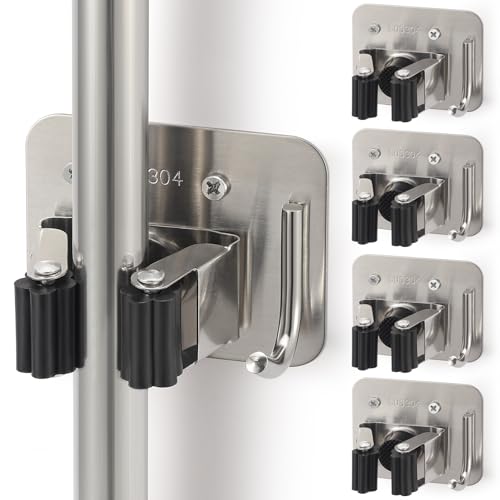Broom Holder Wall Mount Rack, 304 Stainless Steel Mop and Tool Organizer | Drill-Mounted Gripper Rack Holds Brooms, Mops and Garden Tools Safely in the Laundry Room, Kitchen, Garage, Garden and Shed - color: Silver-Black