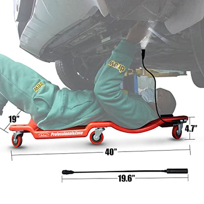 BESTOOL 40 Inches Mechanic's Creeper, Heavy-Duty Garage Creeper with HQ&Durable Casters, 350LBS Capacity Low-Profile Design, LED Working Lights,Red - color: Red-LED lights, size: 40in