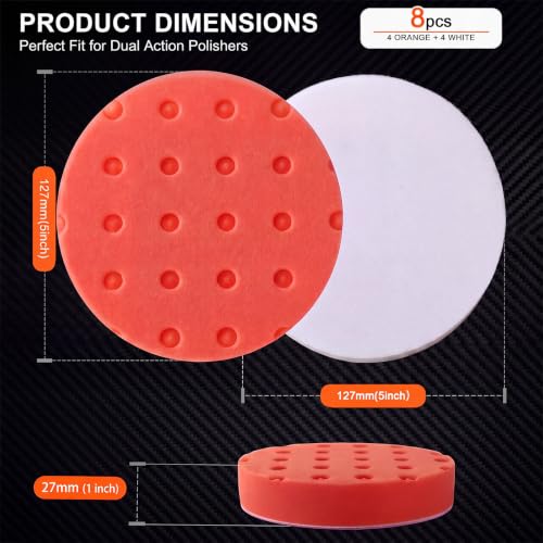 8 Pack 5 Inch Dual Action Polishing Pads Kit Buffing Pads 4 Orange 4 White Dimpled Surface Low Heat DA for Car Detailing Compounding Polishing Paint Correction Finishing