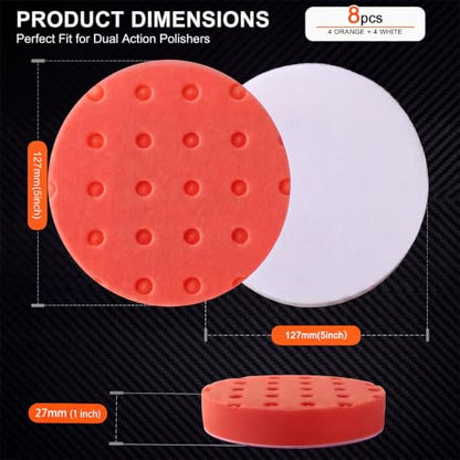 8 Pack 5 Inch Dual Action Polishing Pads Kit Buffing Pads 4 Orange 4 White Dimpled Surface Low Heat DA for Car Detailing Compounding Polishing Paint Correction Finishing