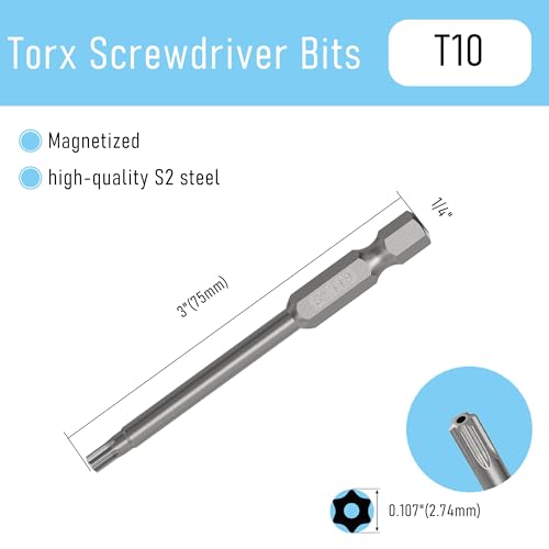 5PCS T10 Magnetic Tamper Proof Torx Screwdriver Bits, 1/4 Inch Hex Shank 3 Inch Length S2 Steel Security Drill Torx Head Drill Screw Driver Tools(75mm Long, Star 6 Point) - size: T10