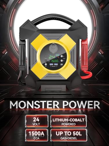 DM2464 24V Jump Starter Heavy Duty, 15000A Peak Lithium Battery Booster Pack for Semi Trucks,-40°F Cold Starts All 99L Gasoline & 50L Diesel Engines (Class 8) - color: yellow